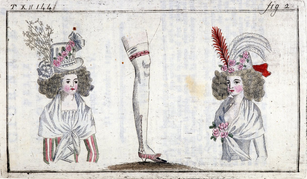 Mode 1700-talet: frisyr och strumpeband för kvinnor runt 1788. av Unknown artist