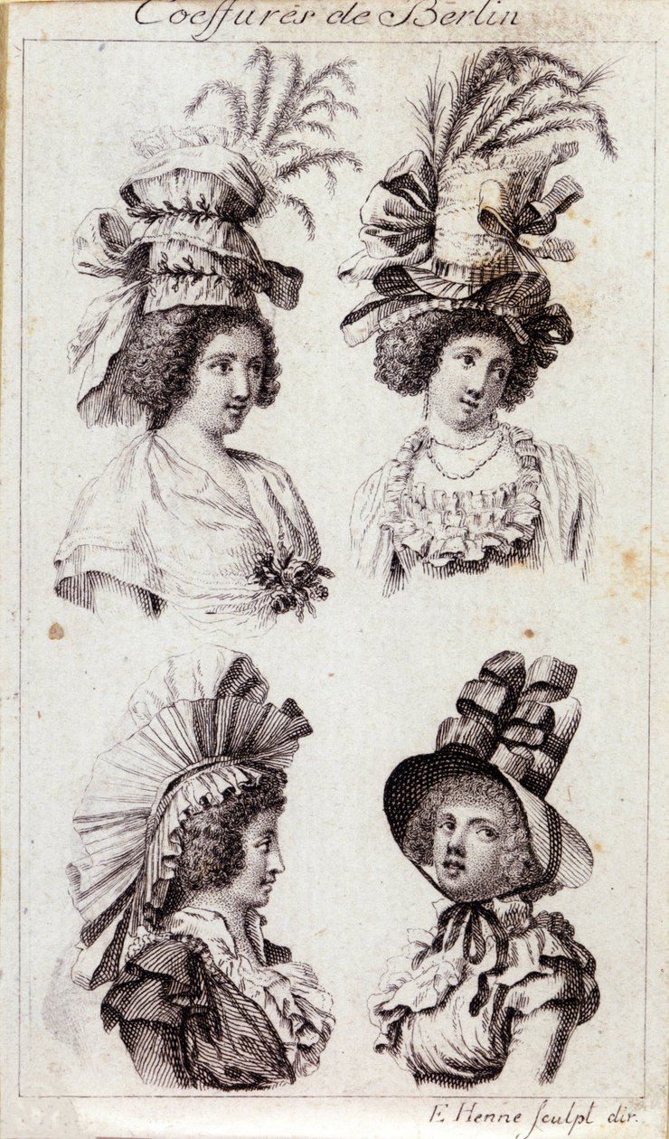 Mode 1700-talet: Berlinkvinnornas hattar. Gravyr från 1793. av Unknown artist