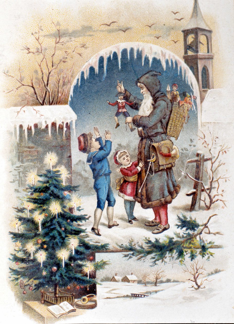 Jultomten med barn. 1892 kromolitografi. av Unknown artist
