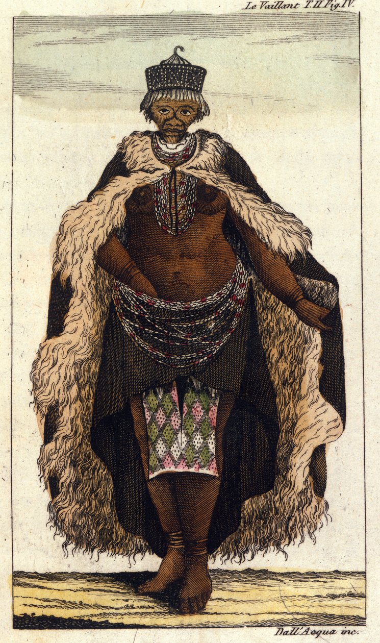 Kvinnlig medlem av den sydafrikanska stammen Hottentots, gravyr från 1820. av Unknown artist