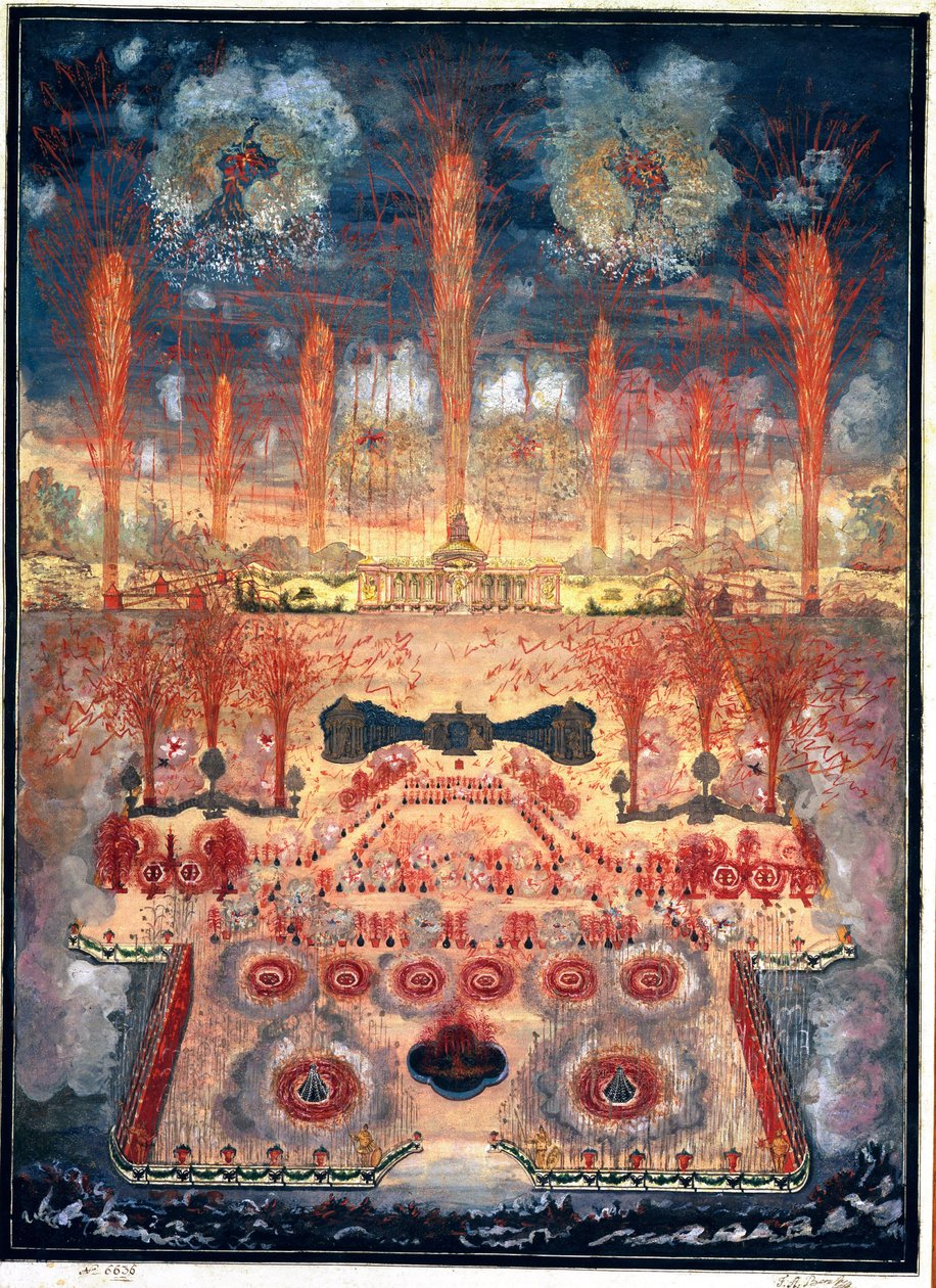 Fyrverkerier och belysningar den 16 juni 1744 i Moskva (Ryssland). Anonymt verk, akvarell och gouache på kartong, mitten av 1700-talet. Rokokokonst. Statens historiska museum, Moskva. av Unknown artist
