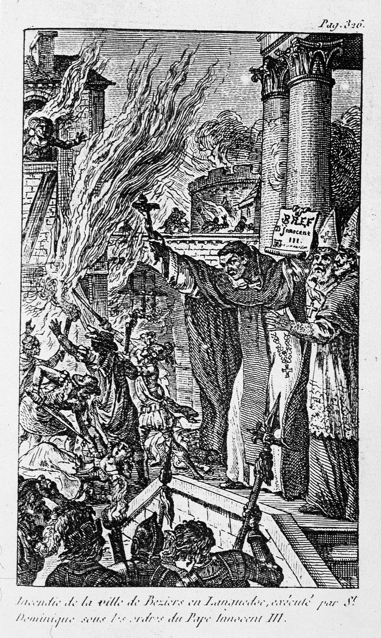 Brand i staden Béziers i Languedoc, avrättad av Saint Dominica under order av påven Innocentius III i "Religionens brott" av Unknown artist