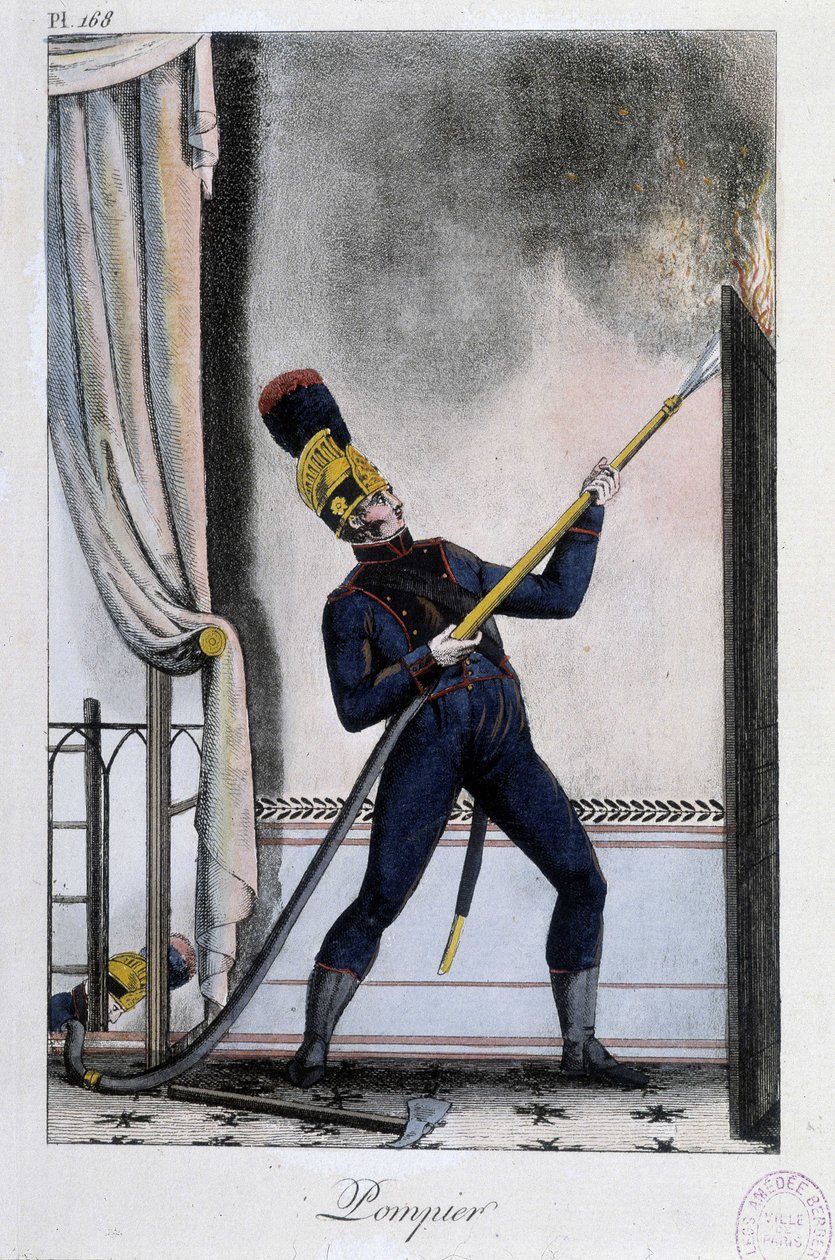 Brandman med vattenlans, släcker en brand - ca. 1830 av Unknown artist