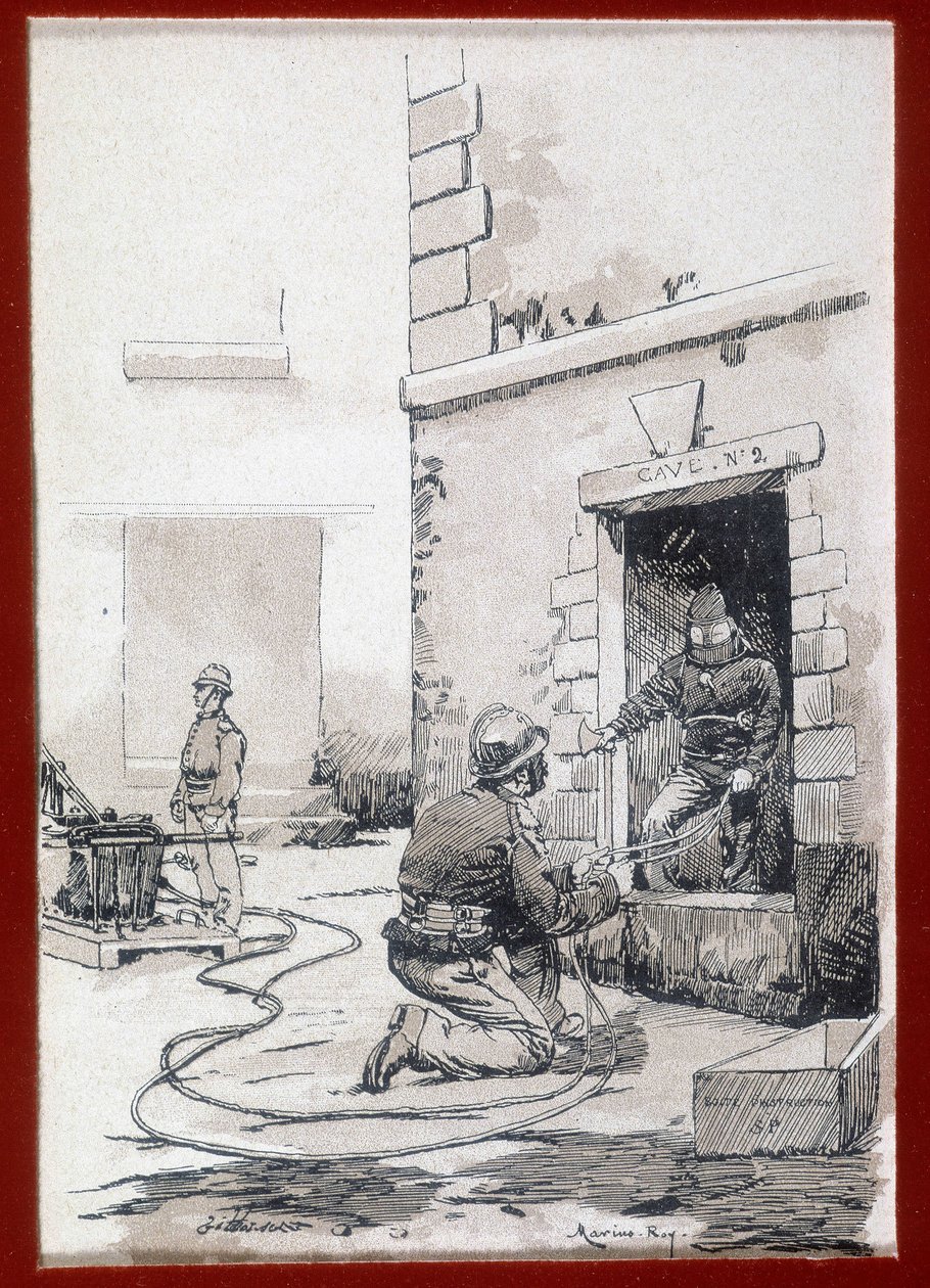 Brandmän: brandutrustning från källare. gravyr sd. 1800-talet av Unknown artist