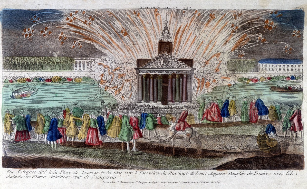 Fyrverkerier avfyrade vid Place de Louis XV den 30 maj 1770, med anledning av giftermålet mellan Louis Auguste, Dauphin av Frankrike med ärkehertiginnan Marie Antoinette, kejsarens syster. Gravyr sent 1700-tal. av Unknown artist