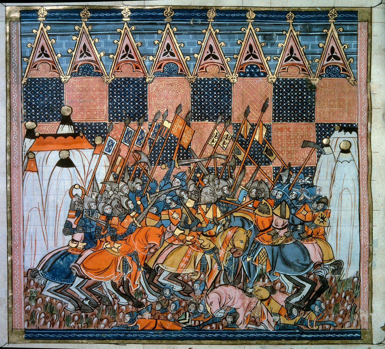 Första korståget: belägringen och intagandet av Jerusalem av korsningarna ledda av Godefroy de Bouillon (1058-1100) 1099. Miniatyr från "Chronicles d