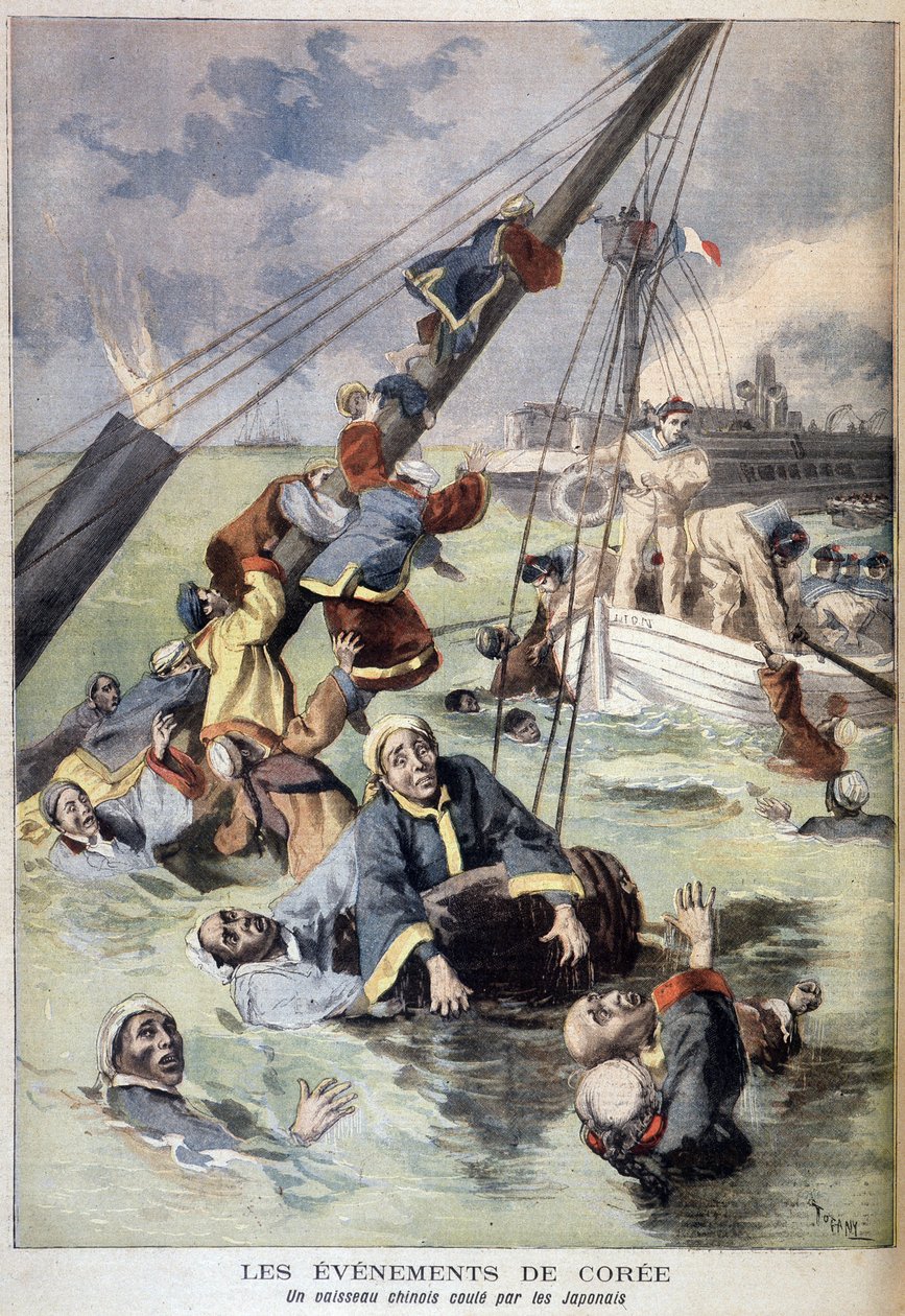 Första kinesisk-japanska kriget - Händelser i Korea: Ett kinesiskt skepp sänkt av japanerna. Illustration - i "Le Petit Journal" i augusti 1894 (gravyr) av Unknown artist