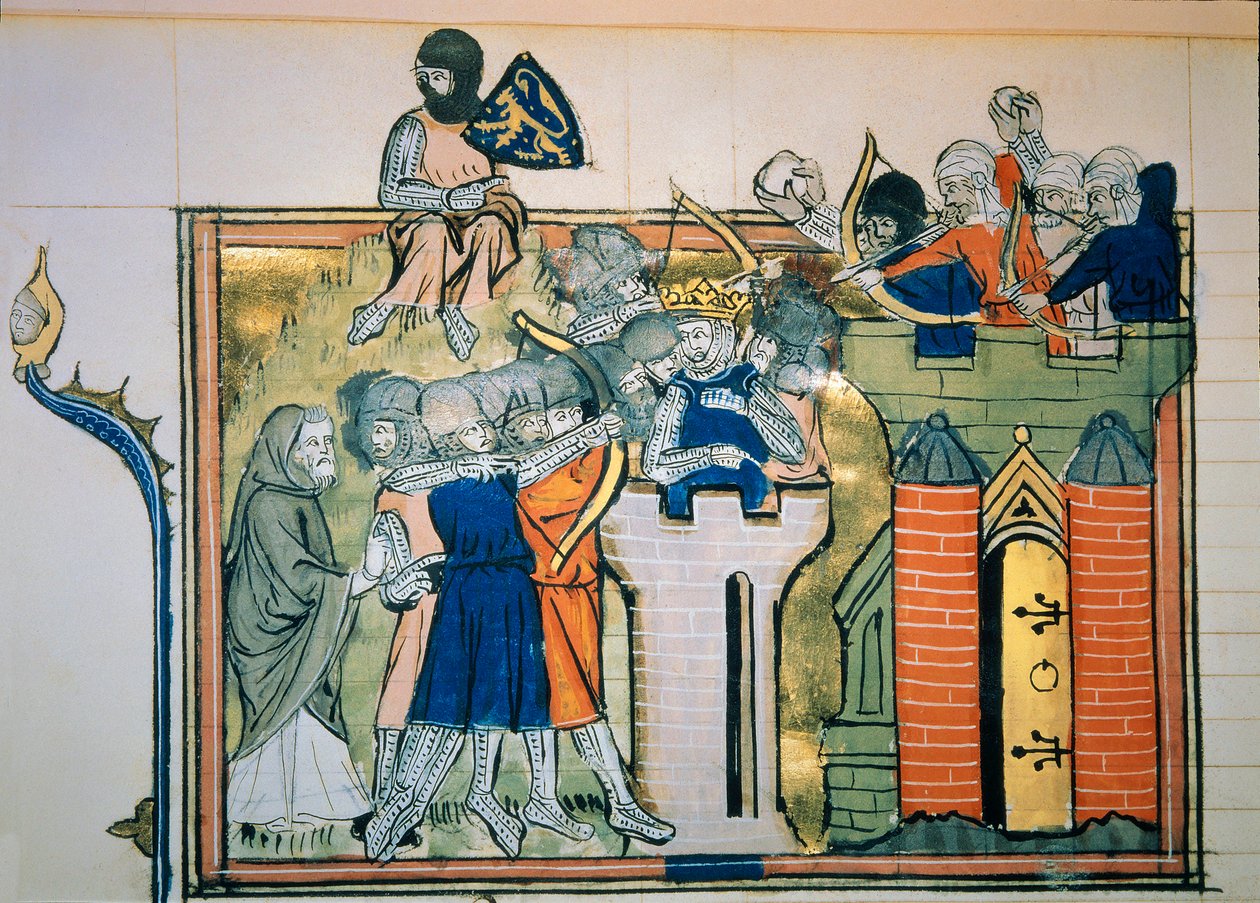 Första korståget: Godefroi (eller Godefroy) av Bouillon (1058-1100) i ett runt torn attackerade Jerusalem 1099. Miniatyr från "" Roman De Godefroy De Bouillon et de Saladin" av Unknown artist