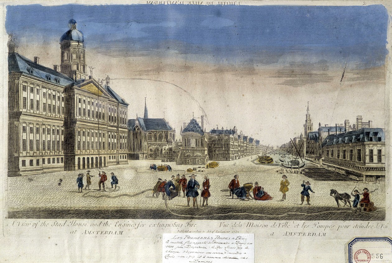Första brandpumparna framför Amsterdams stadshus - Optisk vy av Unknown artist