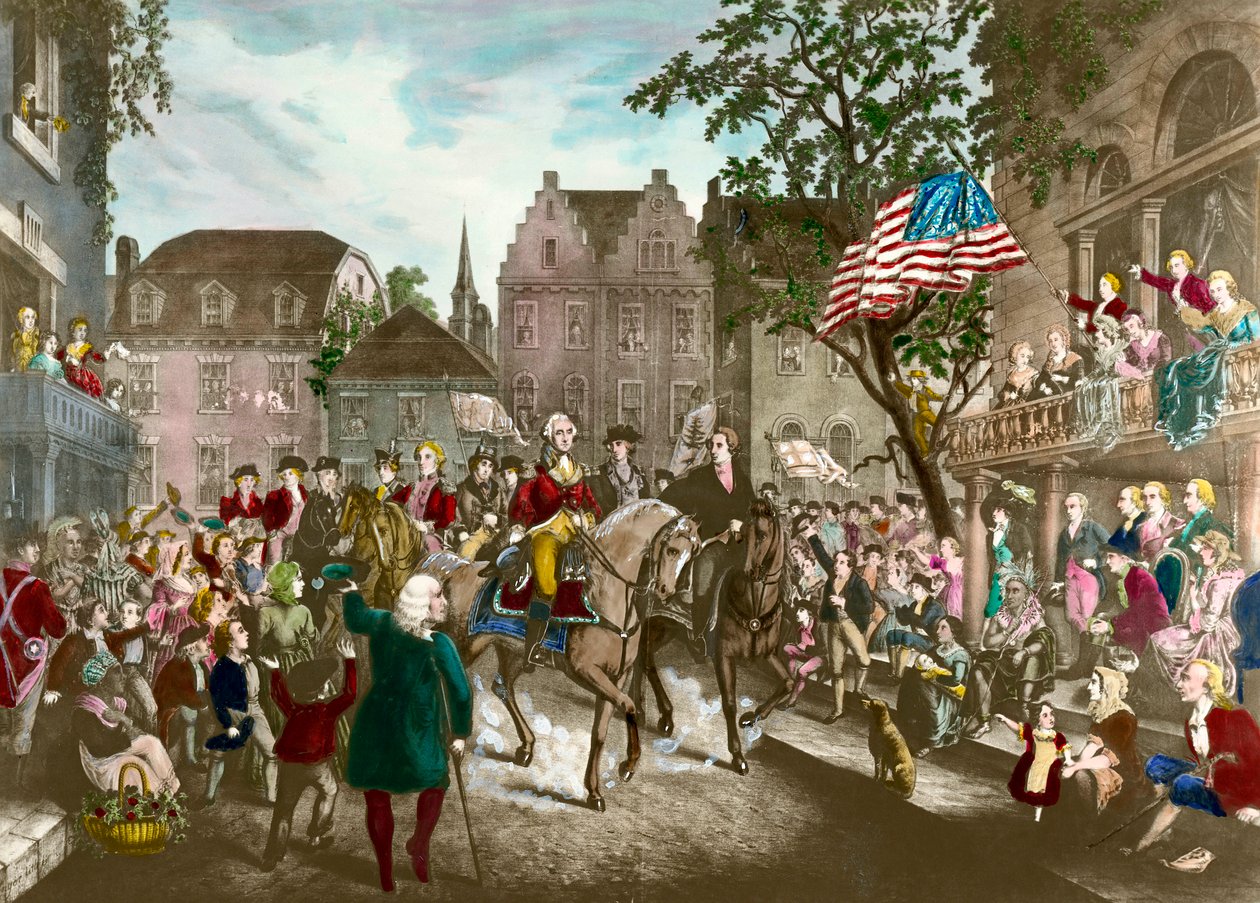 First of the American War of Independence: George Washington (1732-1799) triumphal entry into New York after the English defeat av Unknown artist