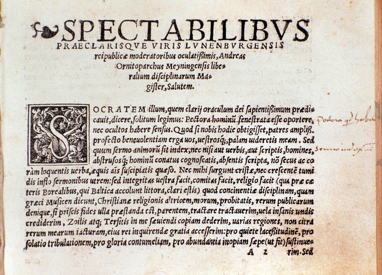 Första sidan av "Konsten att sjunga micrologus" av Andree Ornitoparchi (Andreas Ornithoparchus) 1533 Bologna, medborgarmusikmuseum av Unknown artist