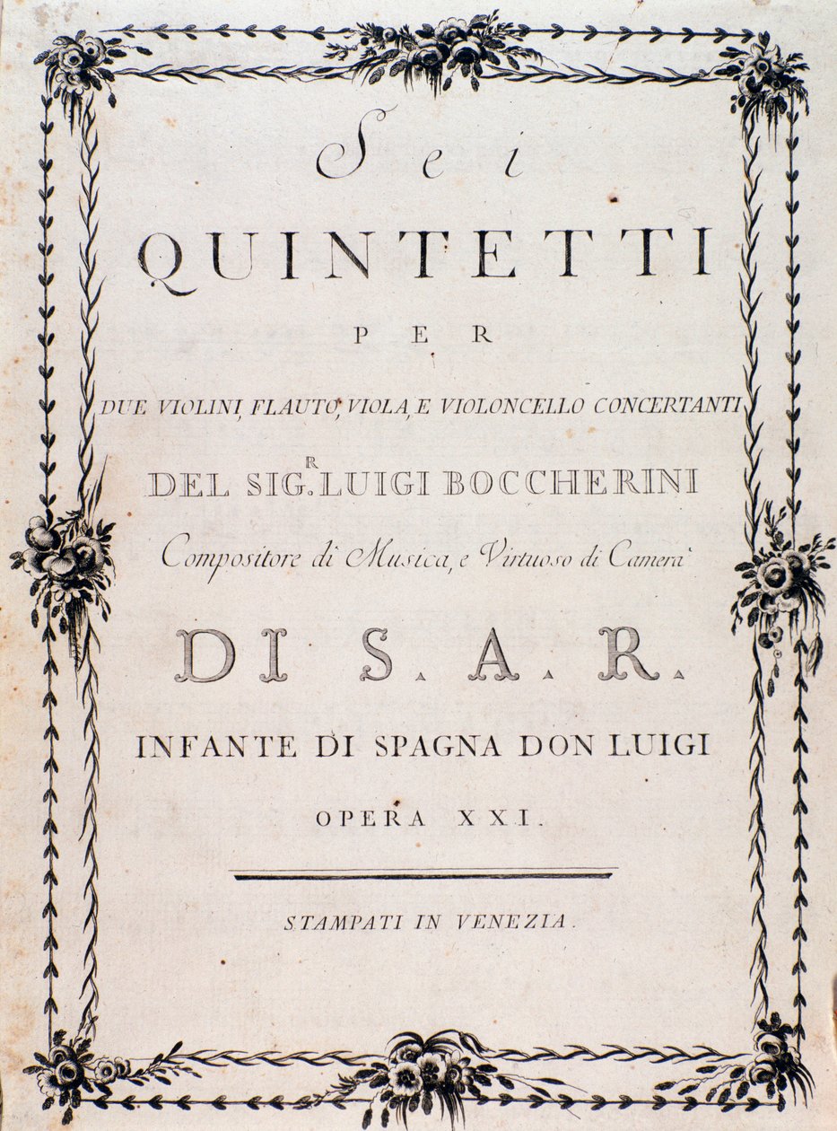 Första sidan av musikpartituren av "" Sex kvintetter för två violiner, violaflöjt och cello "" av Luigi Boccherini av Unknown artist