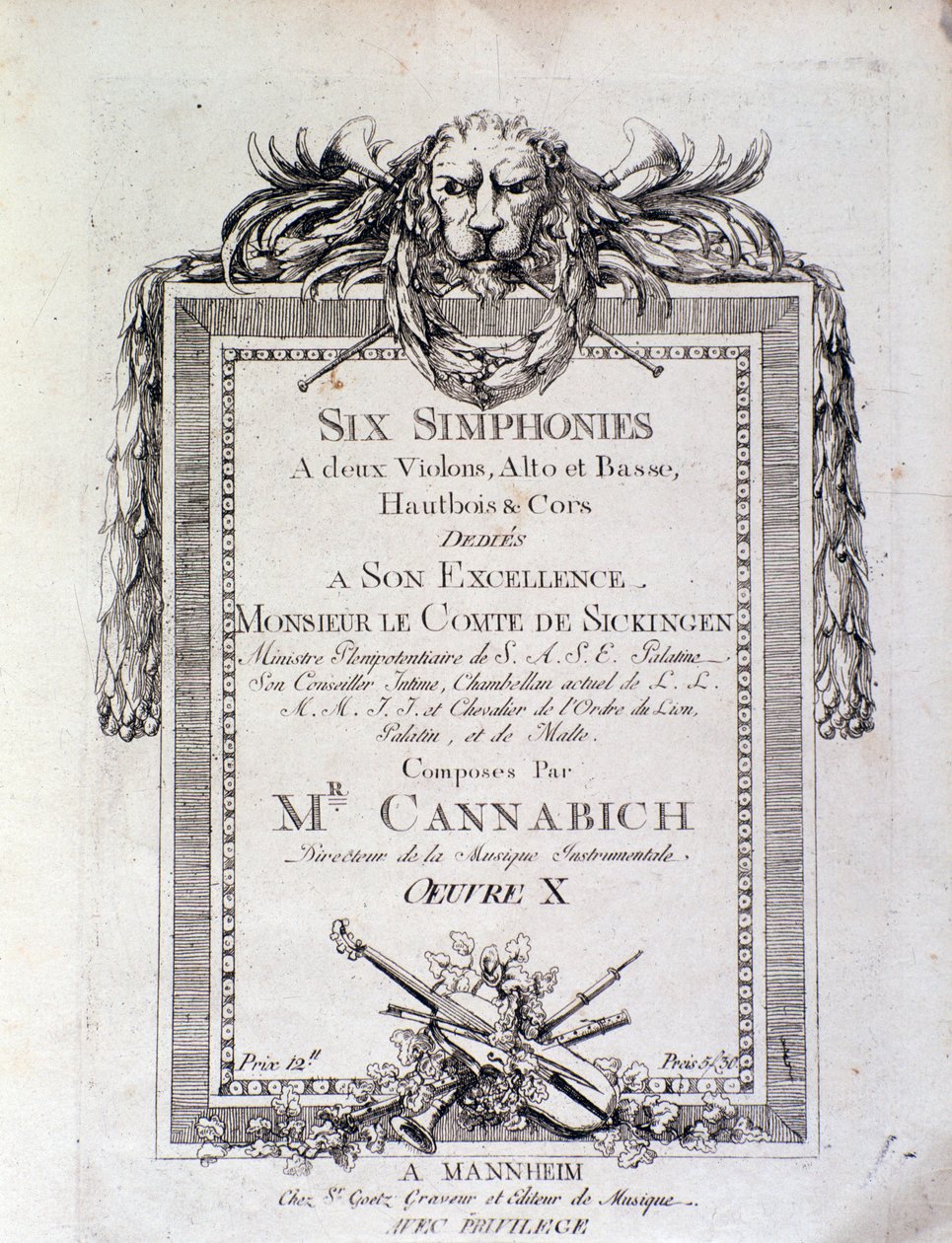 Första sidan av noterna till symfonin nr. 3 av Christian Cannabich av Unknown artist