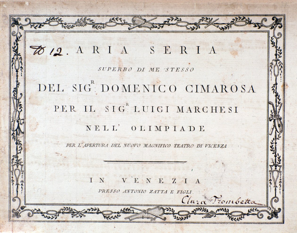 Första sidan av musikmusiken till Aria Seria av Domenico Cimarosa av Unknown artist