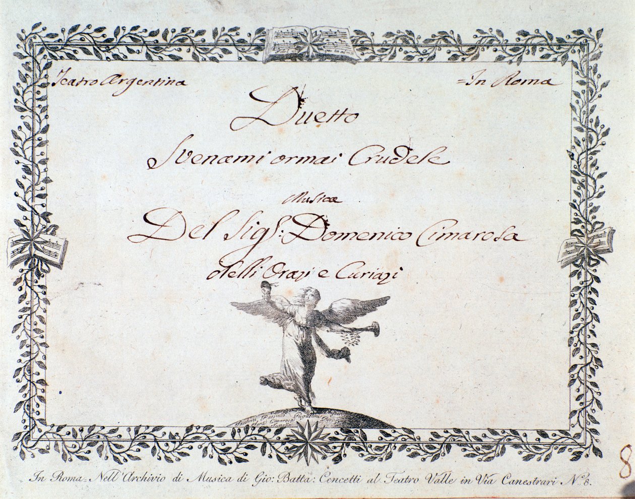 Första sidan av musikmusiken av Svenami nu grym, i Gli Orazi e i Curiazi av Domenico Cimarosa, ca. 1798 av Unknown artist