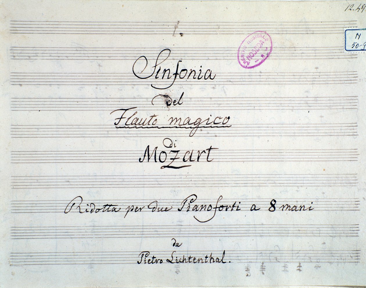 Första sidan av symfonipartituren reducerad till två pianon och åtta händer av Die Zauberflote, opera av Mozart, Lichtenthal-version (1800-talet) av Unknown artist