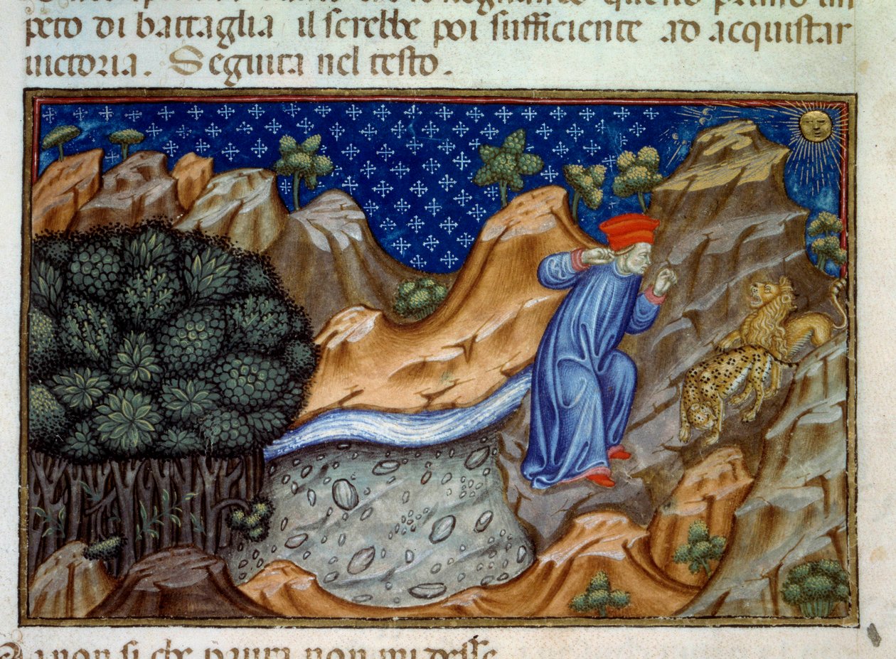 Första sången om helvetet, en panter motsätter sig Dantes passage. Illustration av "" Divine Comedie"" (Divina Commedia) av Dante Alighieri (1265-1321). Miniatyr från ett 1400-talsmanuskript. Paris, B.N. av Unknown artist