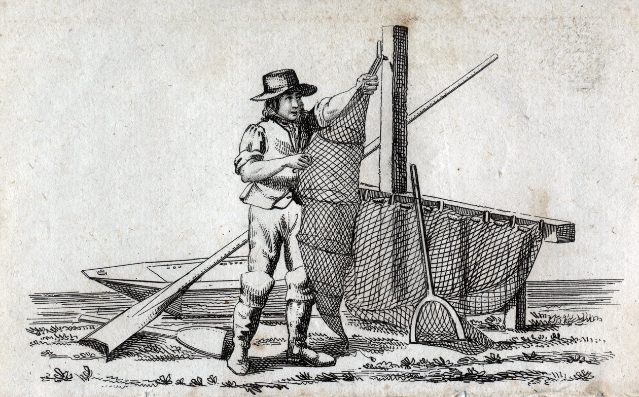 Fiskare och fisknät. Fin gravyr från 1700-talet. Privat samling. av Unknown artist