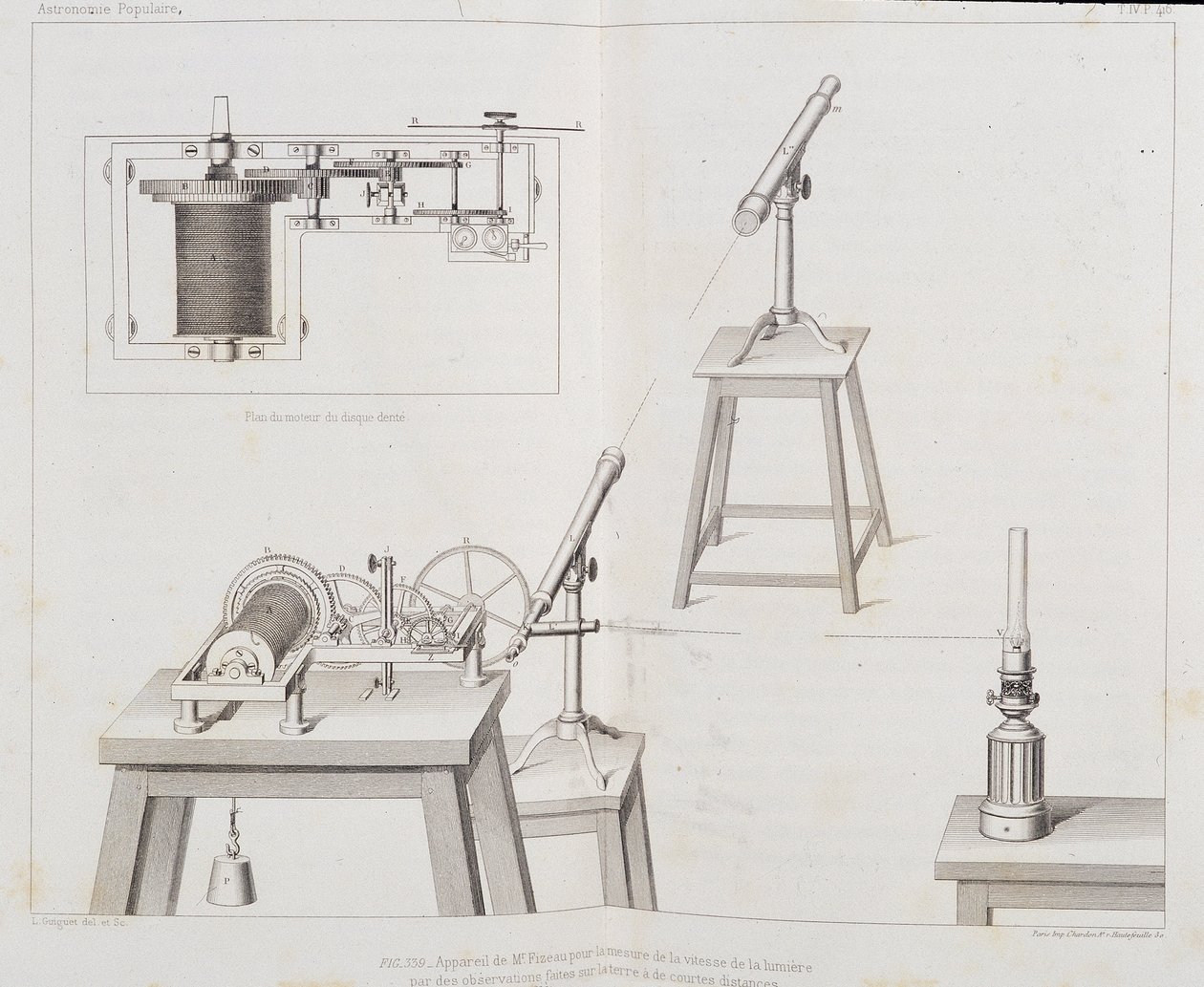 Fizeaus apparat för att mäta ljusets hastighet - i "" Populär astronomi"" av Francois Arago, Paris, Cide Publisher av Unknown artist