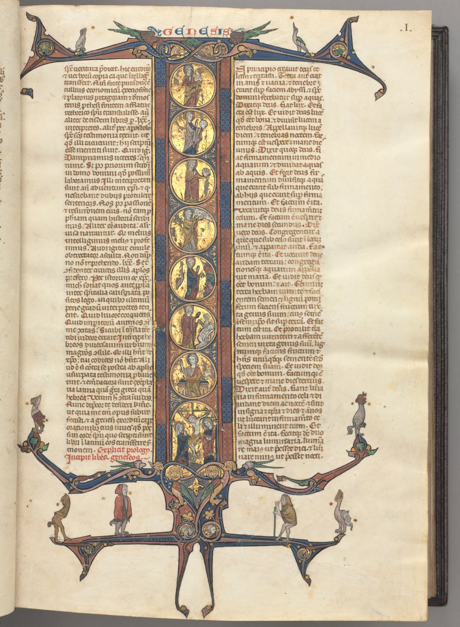 Fol. 1r, Genesis, med en historiserad initial I i full längd, som visar skapelsen och korsfästelsen, allt på brännförgylld botten, med diapererade rosa och blå ramar och spetsiga drak- och bladförlängningar upptill och nedtill, på vilka det sitter en mängd av Unknown artist