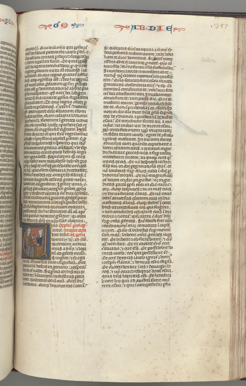 Fol. 357r, Obadiah, historiserad initial V, Obadiah och en jude i diskussion av Unknown artist