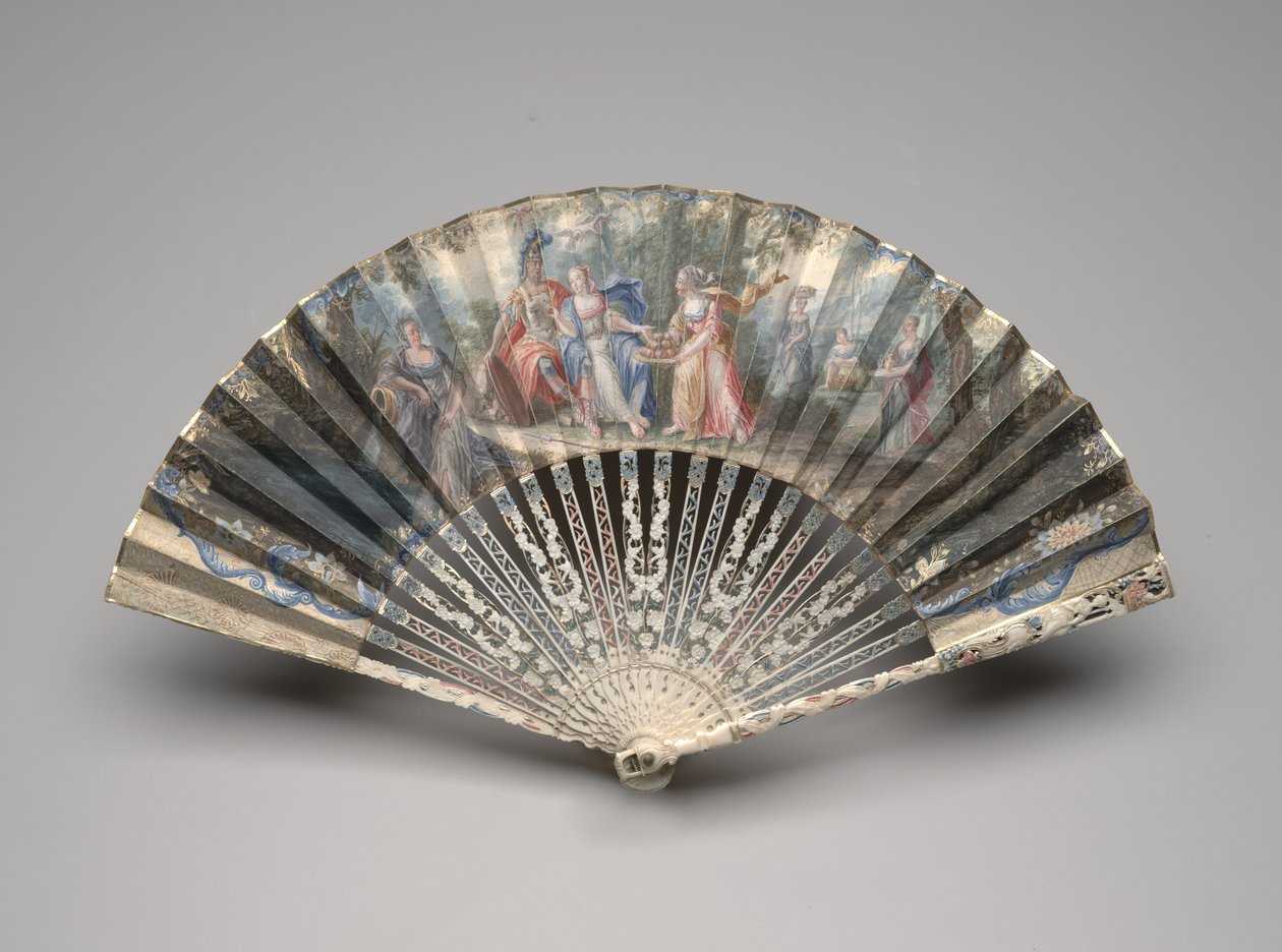 Vikbar solfjäder med ett klassiskt ämne, möjligen en allegori om äktenskap, ca 1750-60-tal (gouache på enstaka velängblad, elfenben, förgyllning, gouache och mässing) av Unknown artist