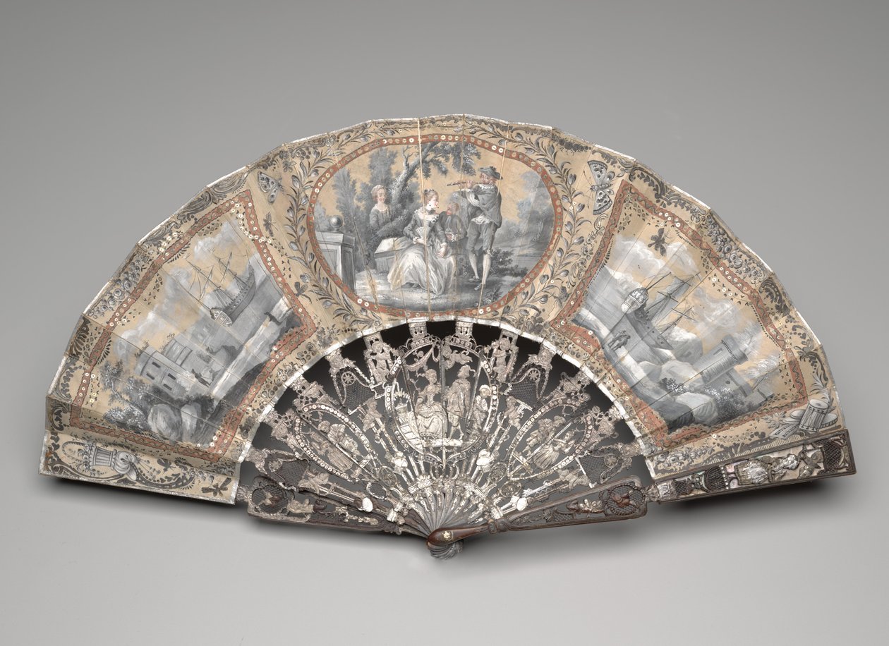 Fällbar fläkt med "grisaille"-scener, ca 1780-talet (gouache på dubbla sidenblad, mässing, metalltråd, ben eller elfenben, förgyllning, pärlemor och ädelstenar) av Unknown artist