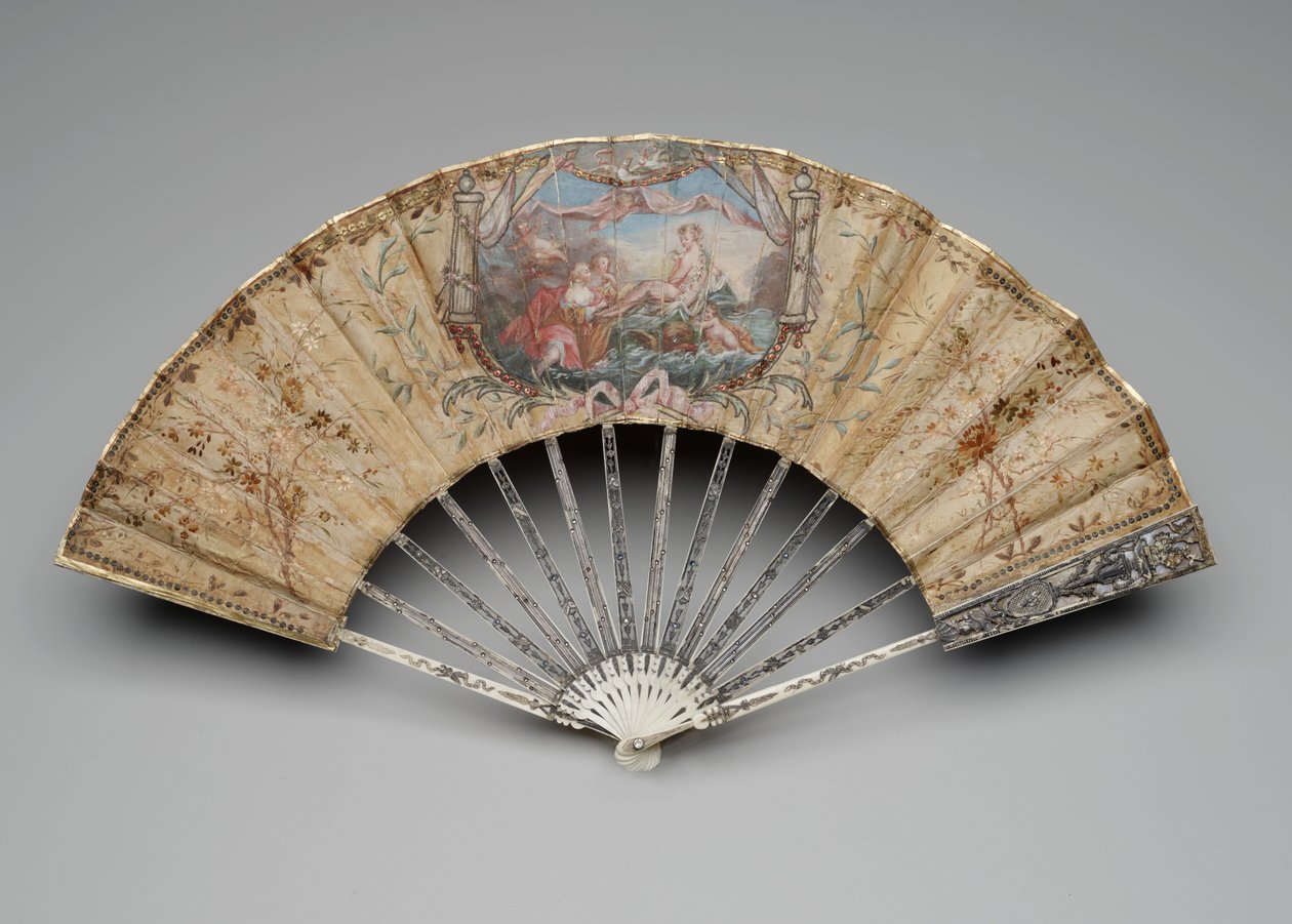 Vikbar fläkt med Venus födelse, ca 1770-80-talet (gouache på enstaka sidenblad, halm, mässing, metalltråd, ben, förgyllning, pärlemor och ädelstenar) av Unknown artist