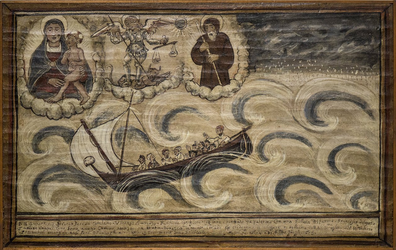 Tidigare voto (ex voto) sjöman, populärt erbjudande som ett löfte om hängivenhet och tacksamhet för sjömannen som överlever till farorna med havet som kommer från kyrkan Carmine, Torre del Greco, nära Neapel av Unknown artist