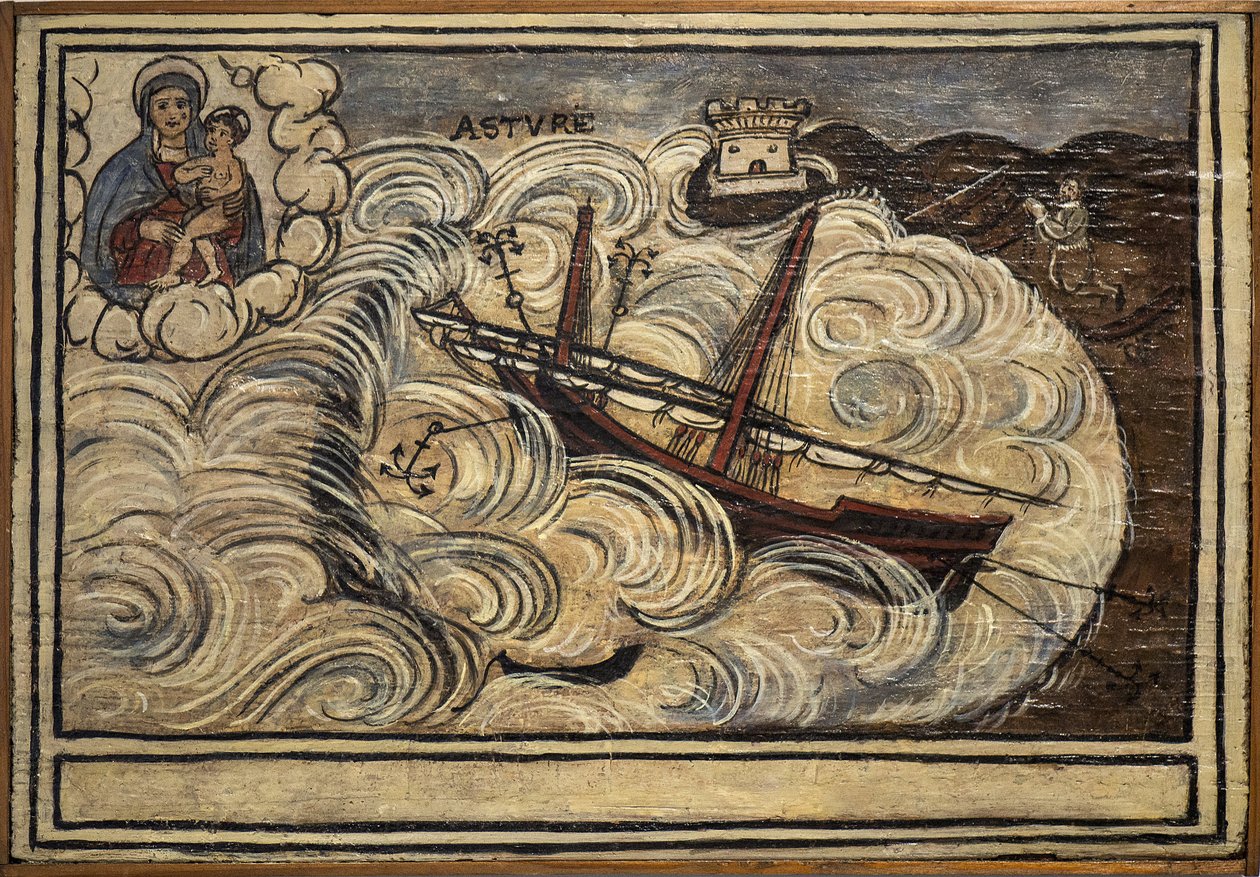 Tidigare voto (ex voto) sjöman, populärt erbjudande som ett löfte om hängivenhet och tacksamhet för sjömannen som överlever till farorna med havet som kommer från kyrkan Carmine, Torre del Greco, nära Neapel 1800-talets Italien av Unknown artist