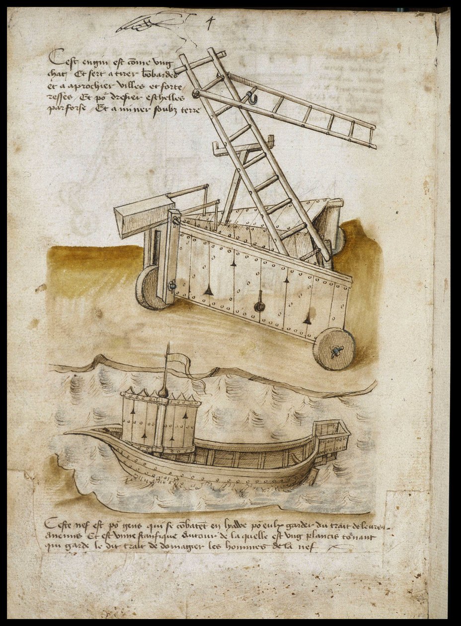 Fortress Approach and Ship - Manuskript: pergamentark av en ingenjörsmanual för konstruktion av civila, religiösa och militära byggnader, anonym, sent 1400-tal (figur med kinesiskt bläck) av Unknown artist