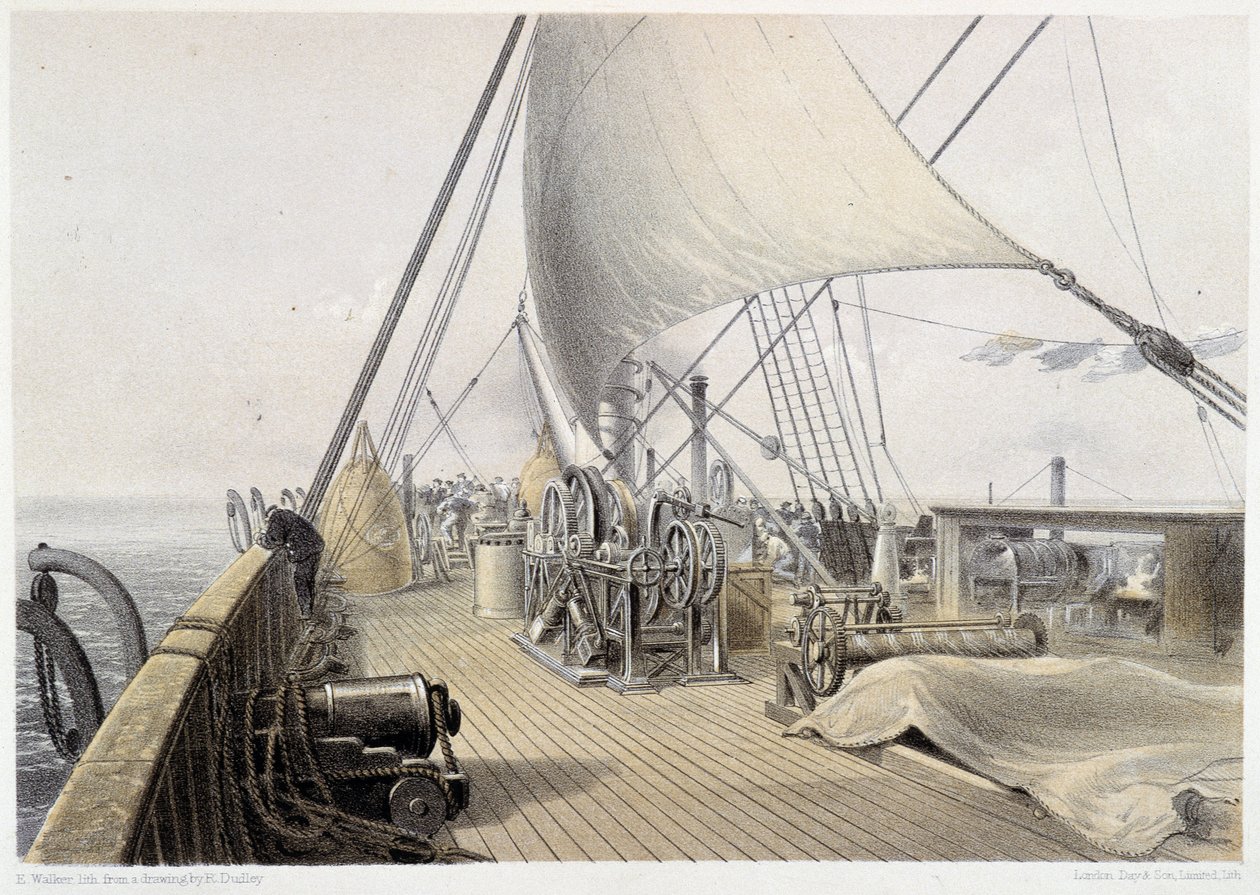 Framdäck klarat för det sista attemet vid grappling, 11 augusti 1858 - i "The Atlantic telegraph" av W. H. Russel, ca. 1860 av Unknown artist