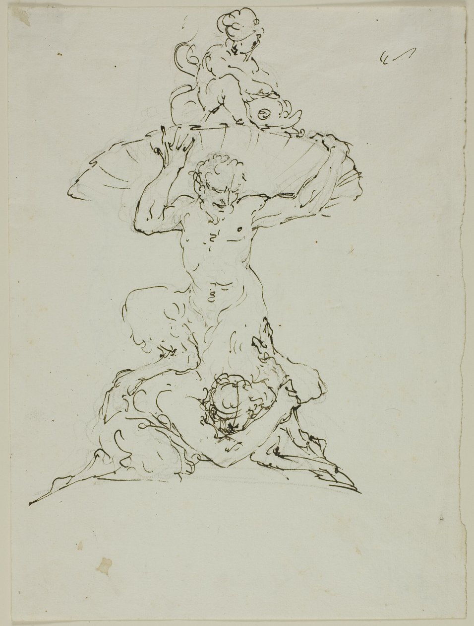 Fontän med Satyr och Putto (recto); Punchinello (verso) av Unknown artist