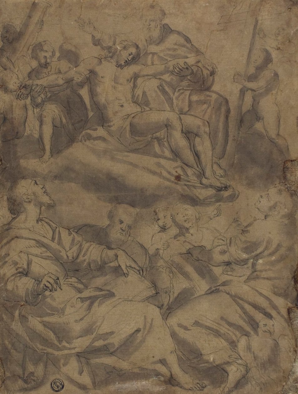Fyra evangelister och visionen av Gud som håller den döde Kristus med lidandets instrument av Unknown artist