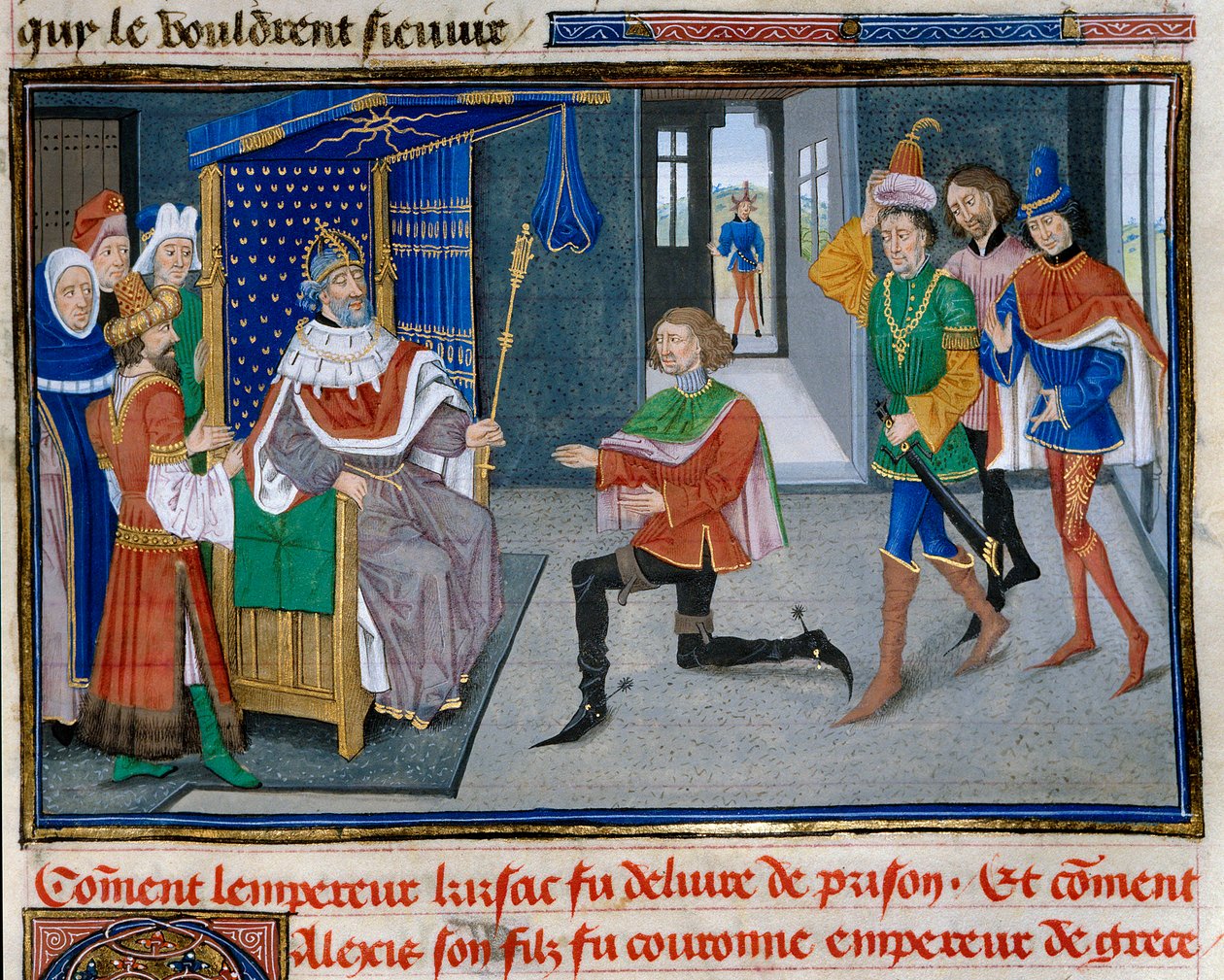 Fjärde korståget: representation av Alexis IV Angel (1182-1204) är kejsarkrona bredvid sin far Isaac II efter att ha lyckats få honom ur fängelset 1203. Miniatyr från "" Chronicle abregee"" av David Aubert av Unknown artist