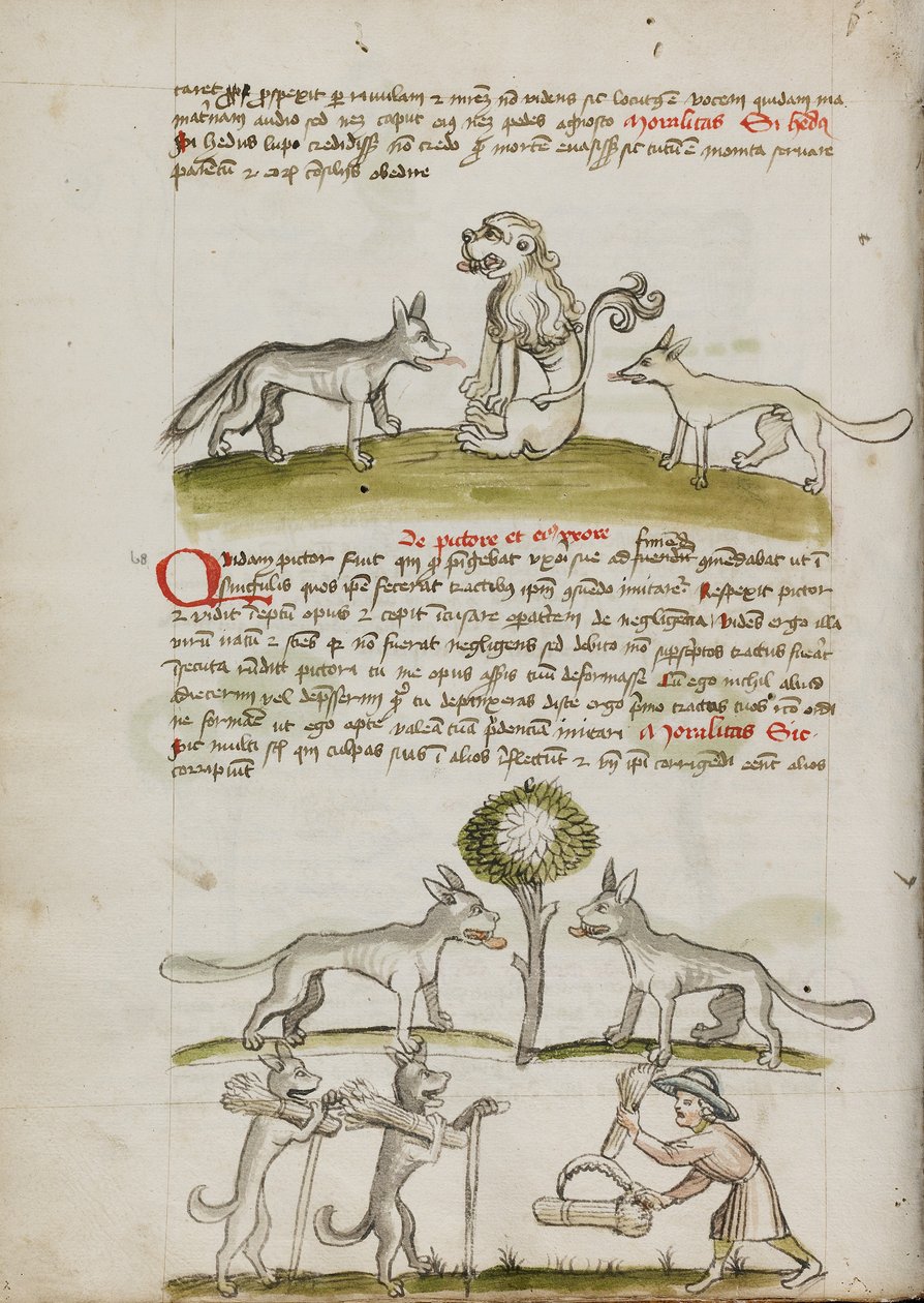 Räv och varg framför ett lejon; två vargar under ett träd släpar på vetebalar; en bonde buntar veteskärvar av Unknown artist