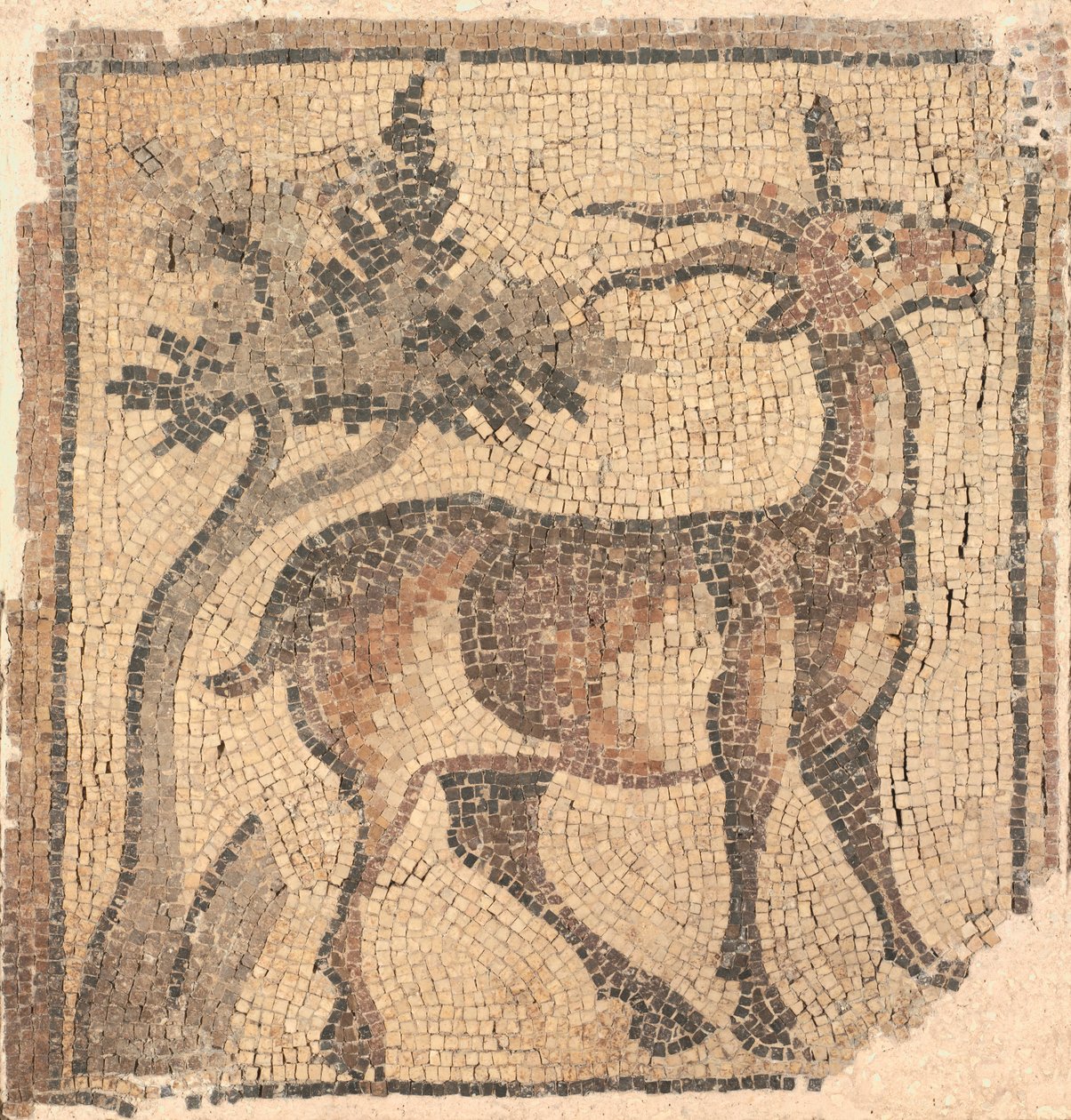 Fragment av en golvmosaik: Ibex nära ett träd av Unknown artist
