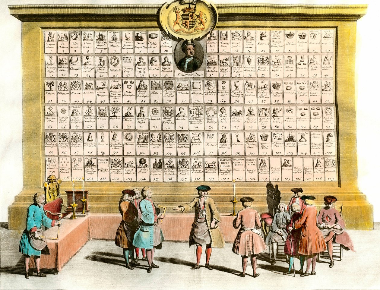 Franc-Maconnerie: möte för engelska maconfrancs med symboler för de största maconniska logerna. 1700-talstavla. Paris. Dekorativ konst av Unknown artist