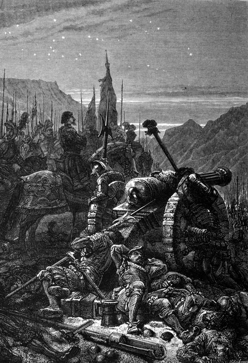 Francois I (1494 - 1547) låg kvar i sadeln natten före slaget vid Marignan, september 1515. Gravyr från 1800-talet. av Unknown artist