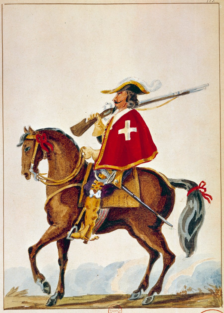 Fransk Armee: De Valmont, musketör för kardinal Richelieus vakt. Gravyr från 1600-talet. Paris, B N av Unknown artist