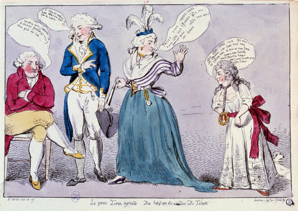 Franska revolutionen: Tecknad film mot familjen till drottning Marie Antoinette (1755-1793) och Ludvig XVI inlåsta i tempelfängelset. Drottningen och kungens syster Madame Elisabeth bråkar under ögat rester av kungen. Deras ord är skrivna i bubblor av Unknown artist