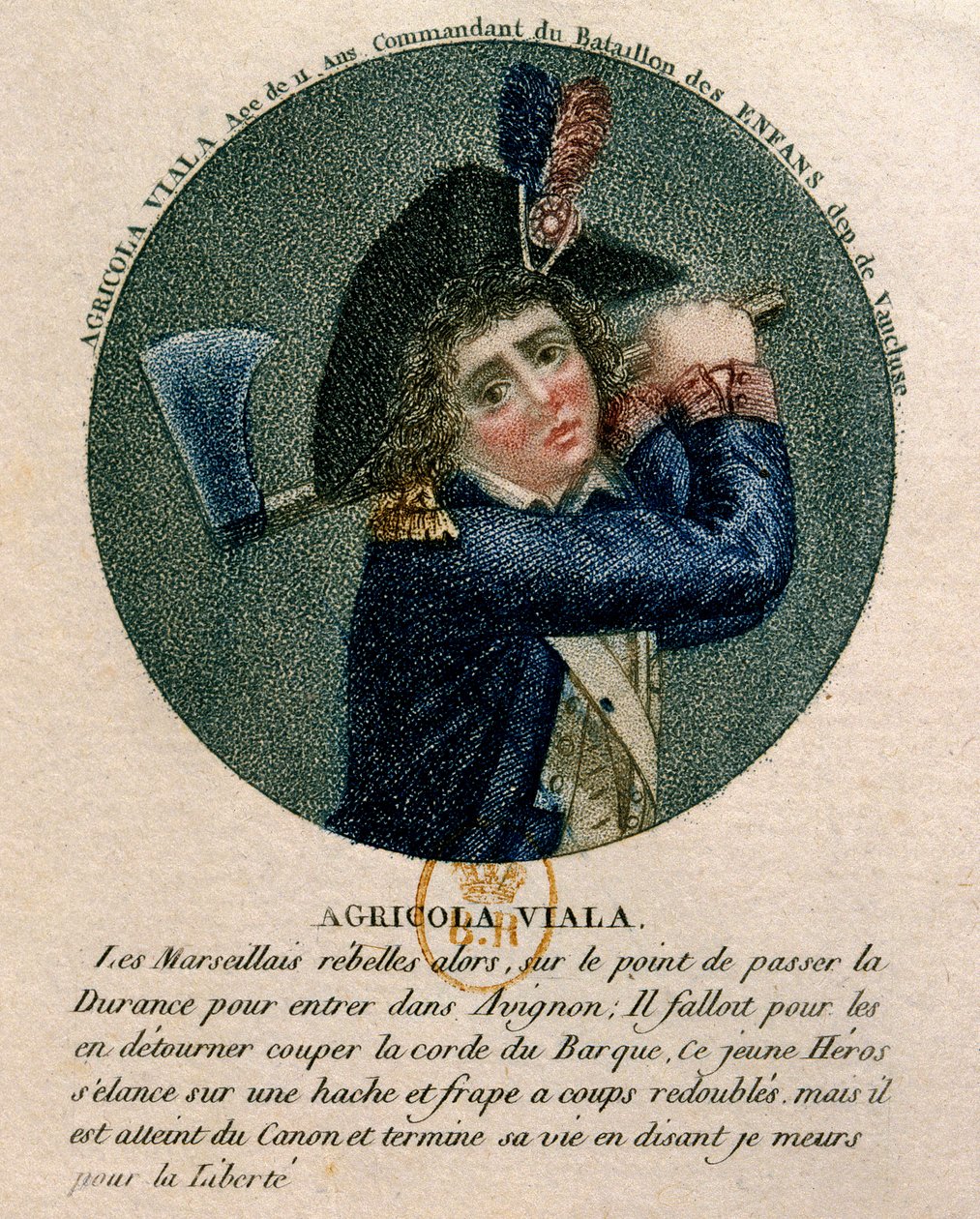 Franska revolutionen: porträtt av den unge Joseph Agricol Viala (1780-1793) som deltog i Marseilleupproret 1793. Han är en representant som håller i en yxa. 1700-talets Paris, B.N av Unknown artist