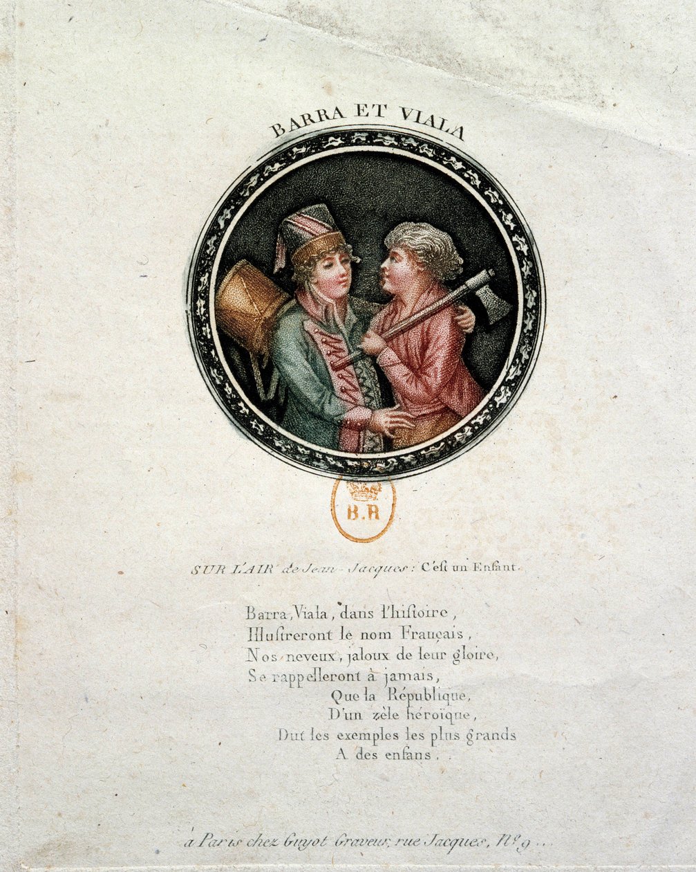 Franska revolutionen: representation av Barra och Viala. Joseph Agricol Viala (1780-1793) och Joseph Bara (1780-1793), hjältebarn från den franska revolutionen som kämpade i Marseille respektive i Vendee för Republique. Gravyr av 1700-talet av Unknown artist
