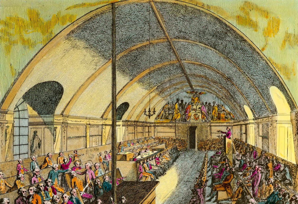 Franska revolutionen: representation av en session i det politiska sällskapet "Societe des amis de la Constitution" eller Club des Jacobins som grundades i Versailles 1789 och i Paris i oktober 1789 vid Jacobin-klostret representerat här. Gravyr av den 18: av Unknown artist