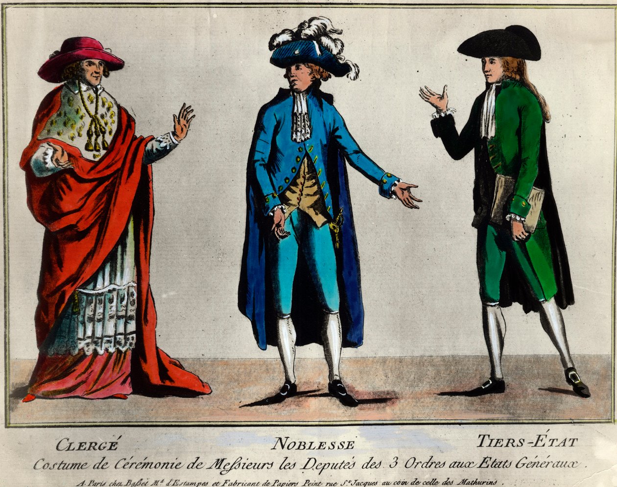 Franska revolutionen: representation av deputerade för de tre orden i Generalstaterna i ceremoniell kostym: prästerskapet, adeln och den tredje staten (tredje staterna). Tryck från slutet av 1700-talets privatsamling av Unknown artist