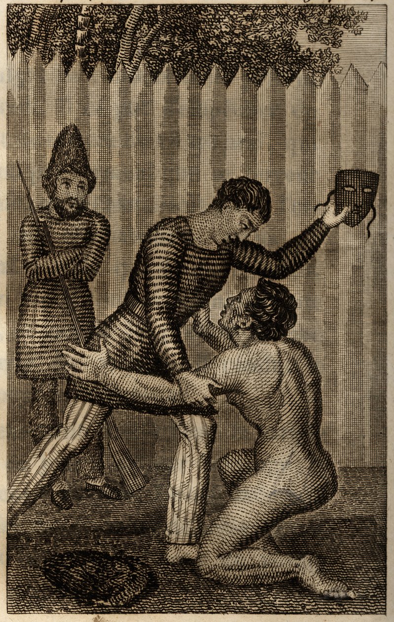 Fredagen kastas i famnen på Robinson Crusoe, gravyr insatt i "Les aventures de Robinson Crusoe" av Daniel Defoe av Unknown artist