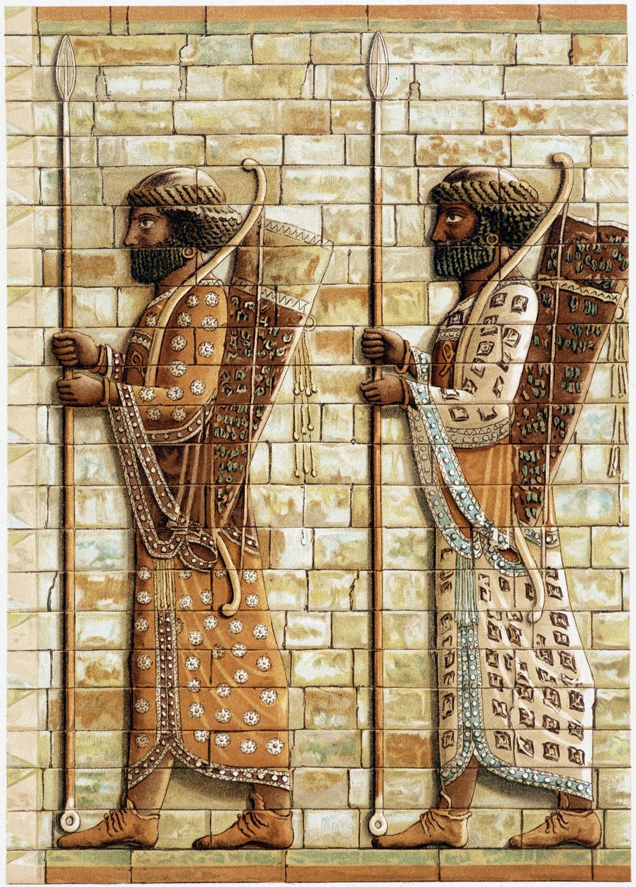 Bågskyttarnas fris, de "odödliga" som bildar de stora kungarnas vakt, upptäckt i Susa: Fax-imitation av en basrelief - i "" History and monuments of bysantine emails"" av N. Kondakow av Unknown artist