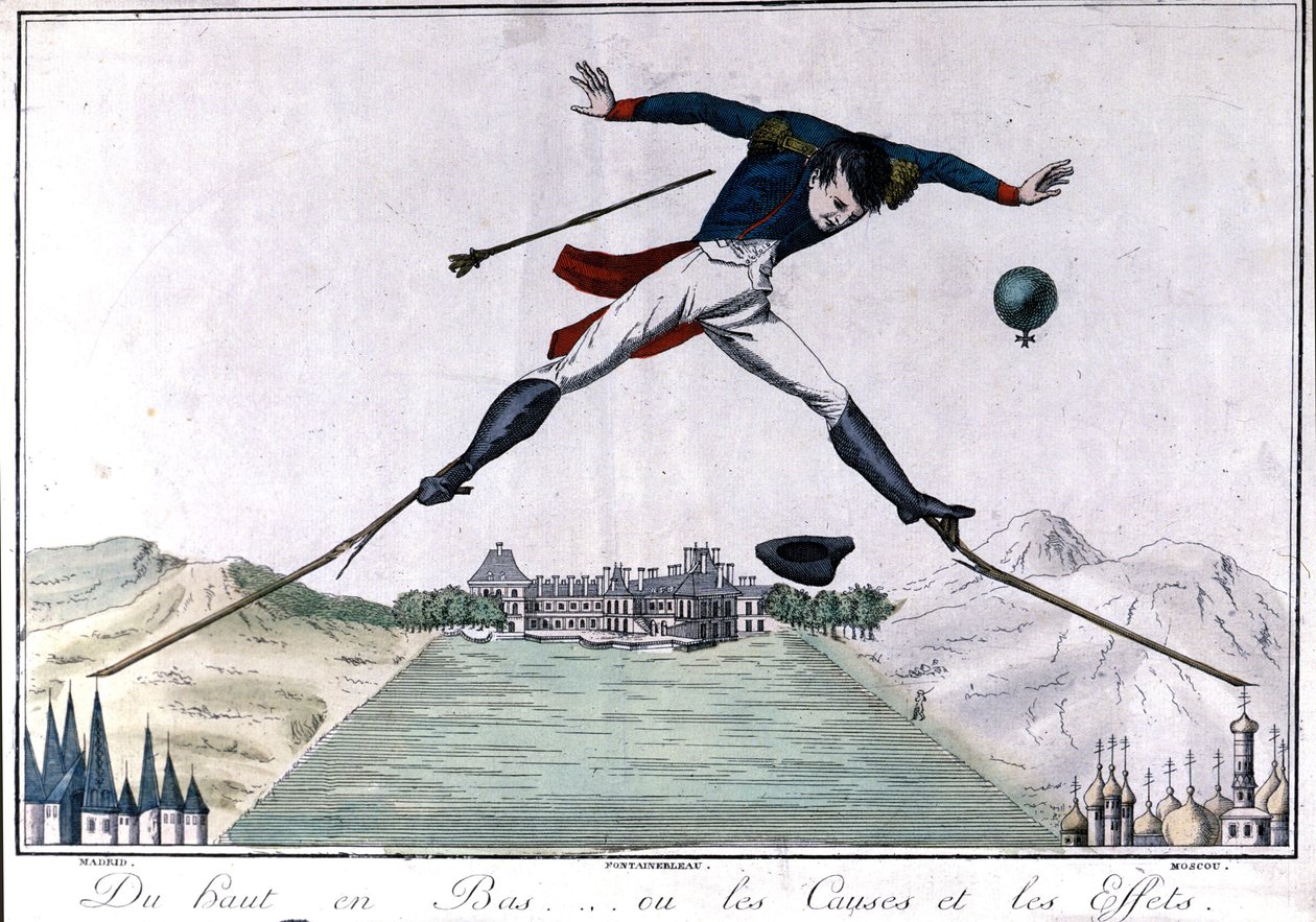 Från topp till botten... eller orsaker och effekter. Tecknad film om Napoleon I:s abdikering till Fontainebleau efter spanska kriget och den ryska reträtten. 1814. . Milano av Unknown artist