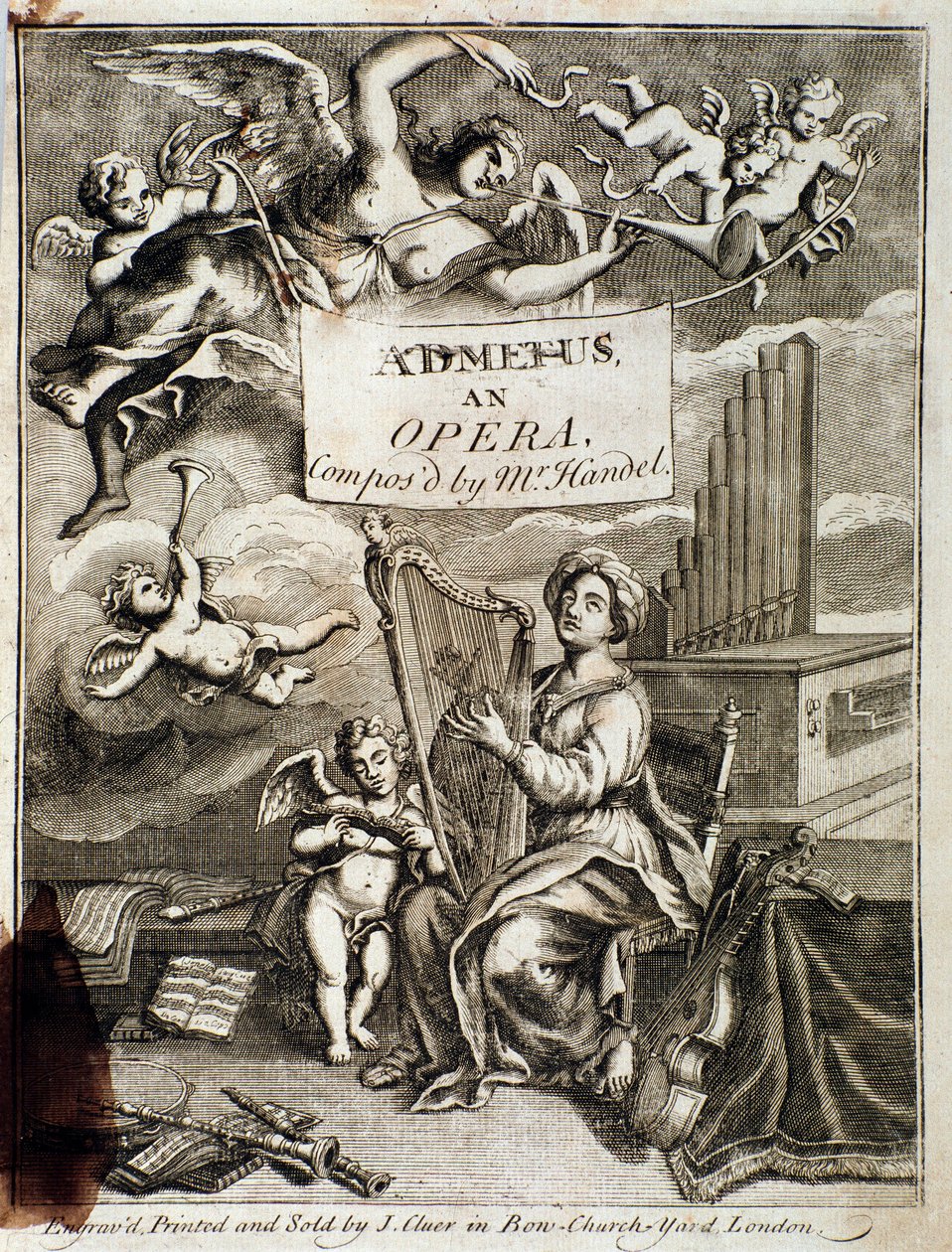 Första sidan av Admetus”” opera komponerad av Georg Friedrich Handel (eller Handel) (1685-1759)”” Gravyr. 1700-talet. Bologna, civico museo musico av Unknown artist