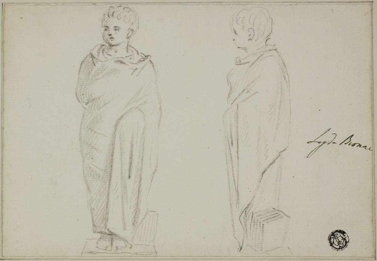 Framifrån och från sidan av statyn av pojken klädd i Toga av Unknown artist